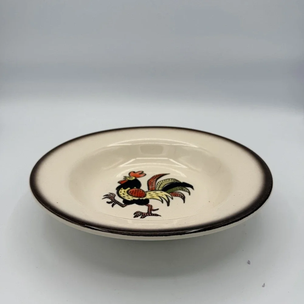 4 Red Rooster by Metlox Poppytrail Soup Bowls Red Brown Rooster Brown Band  Vtg